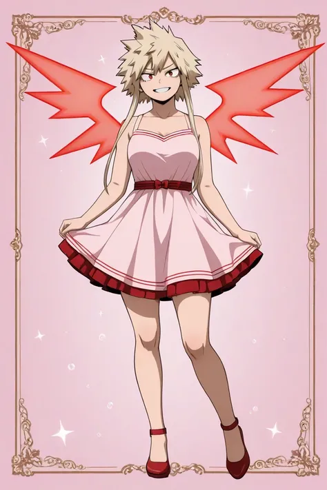  Create an image of a 17-year-old female character inspired by the style of Bakugou Katsuki from My Hero Academia,  but with a more delicate and angelic look .  She has long blond hair of a single length , without layers and without sharp ends.  Her eyes a...