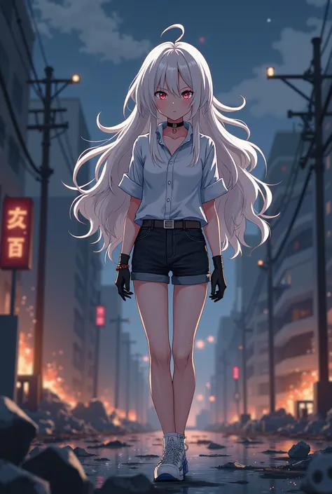  I want to create an anime-style character . She has a lot of time, wavy,  opaque white hair with light pink eyes and her expression is serious ..  she wears tight black shorts , A white rolled-up shirt ,  Black gloves and white sneakers . 
 This stop is o...