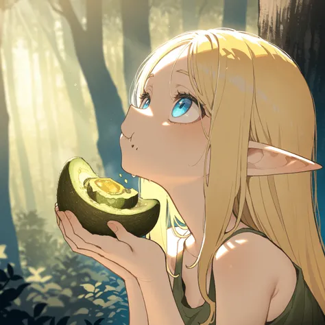 A female elf, solo, Eating an avocado in hand, bite into an avocado, looking up at the sky, in the forest, sunlight, blonde long hair, azure eyes, upper body, (artist:rariatto \(ganguri\):0.4), (artist:demizu posuka:0.6), very awa, masterpiece, best qualit...