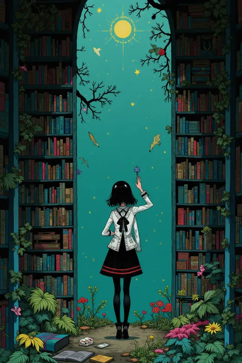 There is a woman standing in a library surrounded by books, A picture of Atey Ghailan  ,  Pixiv Contest Winner ,  conceptual art,  beautiful anime scene ,  anime beautiful peaceful scene, Today&#39;s Featured Animation Stills , Unlimited Celestial Library,...