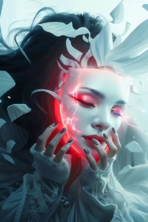 a close up of a beautiful woman holding a white mask with lightning coming out of it, elaborate lights. mask on face, glowing white face, the mask covers her entire face, by Cyril Rolando, broken mask, trapped in my conscious, white mask, she is attracting...