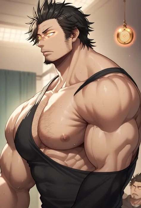 Yami Sukehiro, staring at pendulum, black tanktop, black hair, beard, muscular, muscles, big biceps, broad shoulders, massive pecs, sweaty, hairy chest, glowing spiral in the eyes, blank expression, vacant stare, hypnotized, brainwashed, focused, High Reso...