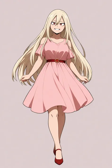  Create an image of a 17-year-old female character inspired by the style of Bakugou Katsuki from My Hero Academia,  but with a more delicate and angelic look . She has very long blond hair of a single length, without layers and without sharp ends.  Her eye...