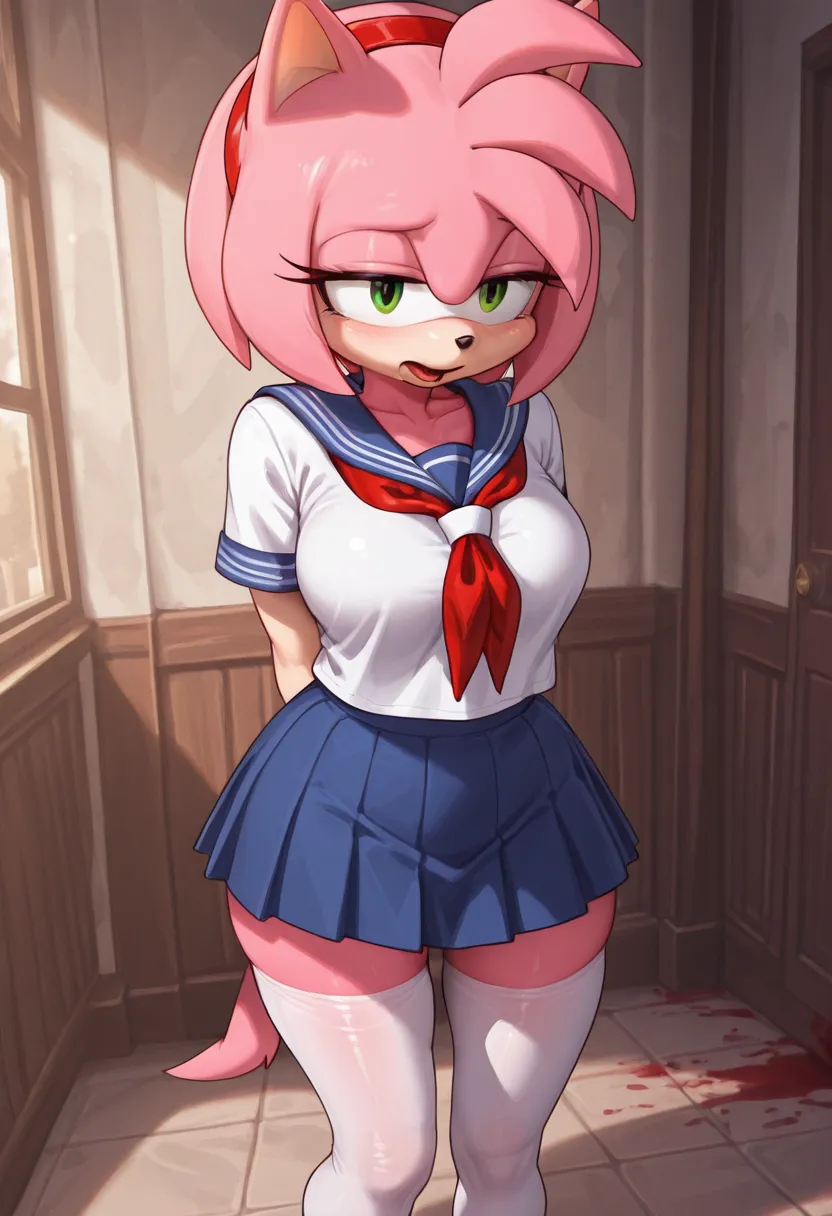 a screenshot of an illustration in the game, the witch's curse, 1girl, solo, blood, school uniform, serafuku, pantyhose,amy_rose, furry female, furry, red hairband, 