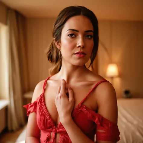 best quality, highres, 8k, masterpiece, photography, detailed midbody photorealistic portrait. Mandy Moore, visibly pregnant and glowing with maternal radiance, wears a deep red satin maternity bra with lace trim and matching high-waisted supportive pantie...