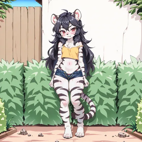 (furry, kemomo:1.5), solo, alone, detailed white tiger girl, detailed wild and unkempt hair, long black hair, detailed face, detailed animal nose, detailed cat ears, detailed cat eyes, crimson eyes, detailed slit pupils, blushing, teasing, tall stature, de...