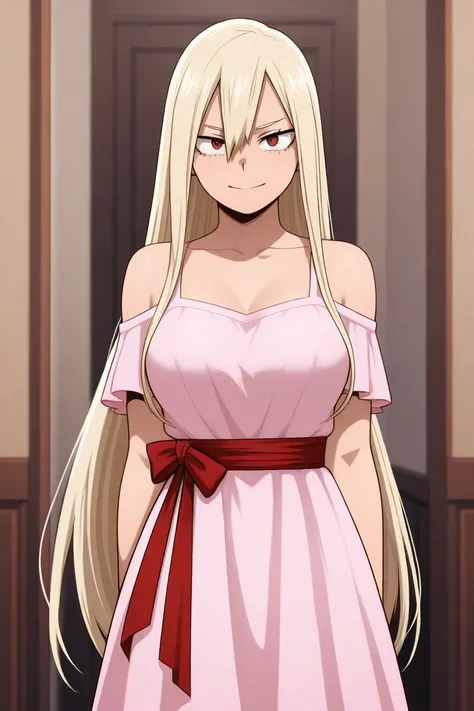  Create an image of a 17-year-old female character inspired by the style of Bakugou Katsuki from My Hero Academia,  but with a more delicate and angelic look . She has very long blond hair of a single length, without layers and without sharp ends.  Her eye...