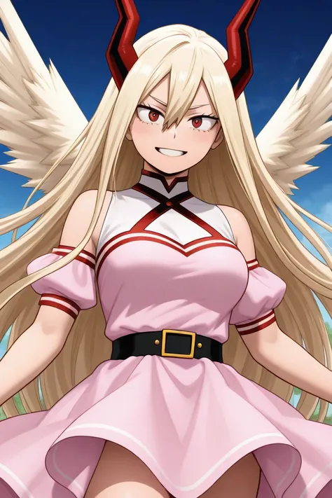  Create an image of a 17-year-old female character inspired by the style of Bakugou Katsuki from My Hero Academia,  but with a more delicate and angelic look . She has very long blond hair of a single length, without layers and without sharp ends.  Her eye...