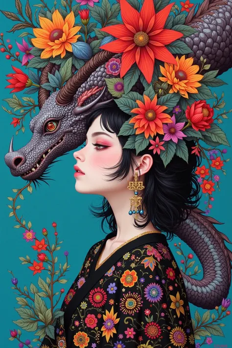 The painting ， depicts a dragon with a long head、Woman with flowers in hair, Inspired by Yoshitoshi Tsukioka,  Japanese pop surrealism ,  krenz cushart and wenjun lin ,  Inspired by Yanjun Cheng ,  Japanese pop surrealism , Inspired by Kanō Naizen , Inspir...