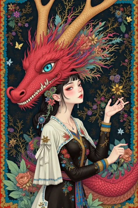 The painting ， depicts a dragon with a long head、Woman with flowers in hair, Inspired by Yoshitoshi Tsukioka,  Japanese pop surrealism ,  krenz cushart and wenjun lin ,  Inspired by Yanjun Cheng ,  Japanese pop surrealism , Inspired by Kanō Naizen , Inspir...