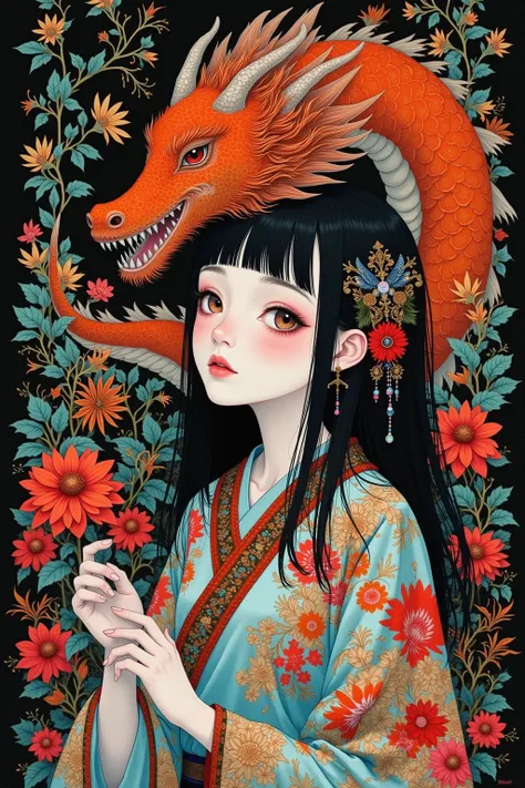 The painting ， depicts a dragon with a long head、Woman with flowers in hair, Inspired by Yoshitoshi Tsukioka,  Japanese pop surrealism ,  krenz cushart and wenjun lin ,  Inspired by Yanjun Cheng ,  Japanese pop surrealism , Inspired by Kanō Naizen , Inspir...