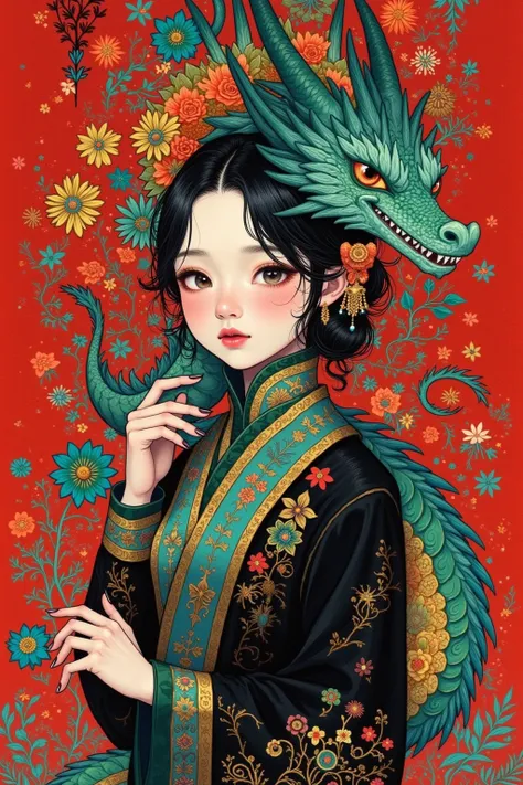 The painting ， depicts a dragon with a long head、Woman with flowers in hair, Inspired by Yoshitoshi Tsukioka,  Japanese pop surrealism ,  krenz cushart and wenjun lin ,  Inspired by Yanjun Cheng ,  Japanese pop surrealism , Inspired by Kanō Naizen , Inspir...