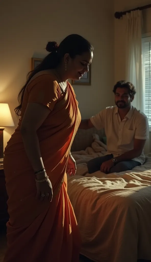 An Indian woman with medium plus size body, thighs visible in saree, busty breasts , bends over in bed and crying loudly with pain  and her drunken husband is standing behind her, pushing her hard and One men sitting on chair And he watching that, very bri...