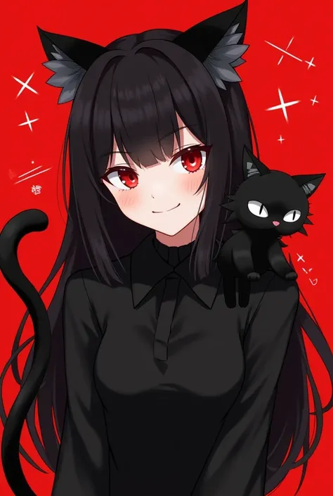 I'll generate a female version of the image with these details:

Catgirl theme: Black cat ears, red eyes, and dark hair.

Softer features: More feminine face with a slight smile or playful expression.

Black cat companion: Still present on the shoulder.

O...