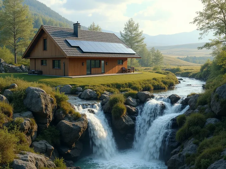 A beautiful waterfall on a plain with a modern wooden country house with solar panels and a starlink antenna on the roof