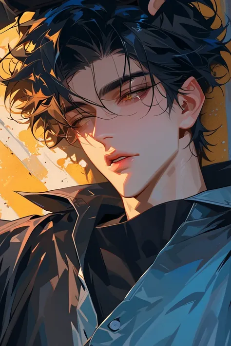 impasto, cool manga style, high quality, extremely detailed, extremely delicate line, amazing color, masterpiece, 1 man, tall, mascular, handsome, black hair, sharp eyes, lower-sanpaku eyes, slightly parted lips, handsome, fashionable clothes, lying on the...