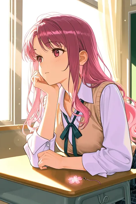 Manga-style illustration. In a bright Japanese high school classroom, warm spring sunlight streams through the windows. Sakura, a cheerful transfer student with short, slightly wavy pink hair, takes a small marble from her pocket. She gently places it on h...