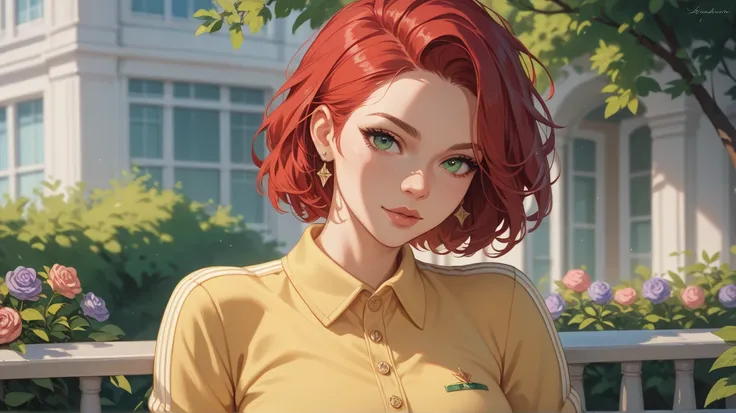 1 woman, beautiful, red hair, green eyes, wearing yellow polo, wearing jumper, absurdres, high res, ultrasharp, 8K, masterpiece