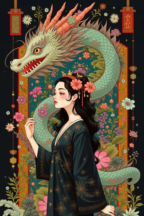 The painting ， depicts a dragon with a long head、Woman with flowers in hair, 这是一幅细致The painting ，Inspired by Tsukioka Yoshitomo  ,  is popular in the CG society ,  pop surrealism, japanese  pop surrealism,  krenz cushart and wenjun lin , 日本 pop surrealism,...