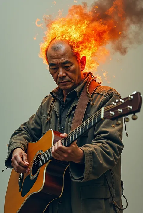  Roh Moo-hyun, wearing torn clothes with his head burning, is playing the guitar. Close-up picture of him 