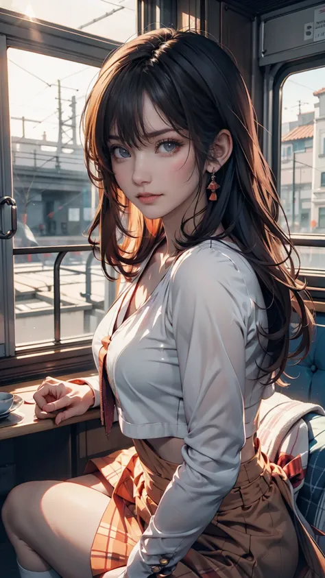  anime girl sitting on a train and looking out the window,  beautiful anime style portrait, Portrait of Rofi at a window,  beautiful anime girl, Portrait of Rofi,  Lofi Girl ,  anime girl portrait, guweiz style art,  HIGH QUALITY PORTRAIT, As the sun sets,...