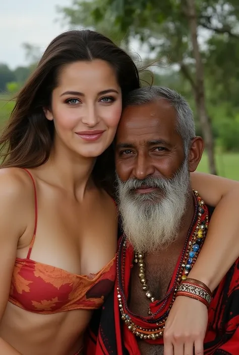 ultrarealistic portrait of topless brunette woman , breasts medium, fair skin, smiling face, gorgeous attractive symmetric face, Hugging an very old man african, african Old man in Masai clothes, old man beggar, canon 50 mm, analog style. Location is jungl...