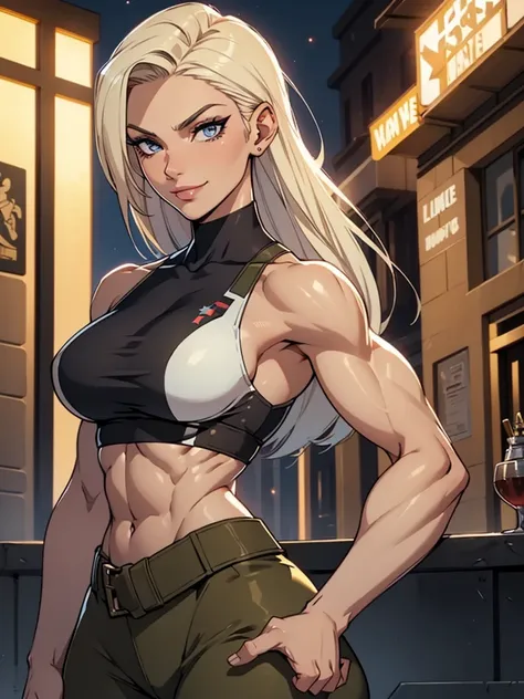 A gorgeous and stunning female soldier ((fighting on the battlefield, action pose)), smirking, smiling, high rank, dominant, challenging demeanor, smug, teasing, tall, statuesque, imposing, towering, biceps, triceps, eight pack abs, extremely defined abs, ...