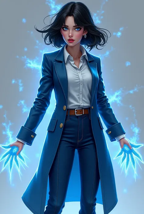  Young lady with medium hair  ,black, slightly white ,   wearing a white shirt and a suit jacket and a long blue jean jacket and pants with booties  . she has powers like blue creepers that can come out from anywhere on her body and that she can control as...