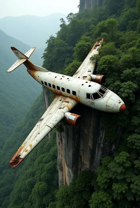  The image shows a crashed plane stuck on the side of a cliff covered by dense vegetation.  The plane's fuselage is quite deteriorated ,  with signs of rust and visible structural damage .  The wings remain partially intact , but they have significant defe...