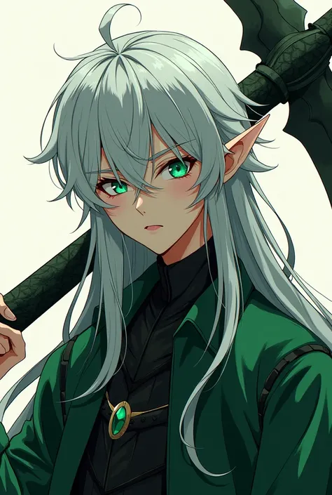 Anime-style drawing ,A white haired male elf with green eyes in black tonal green tresses tall slim is carrying on his shoulder a scythe 