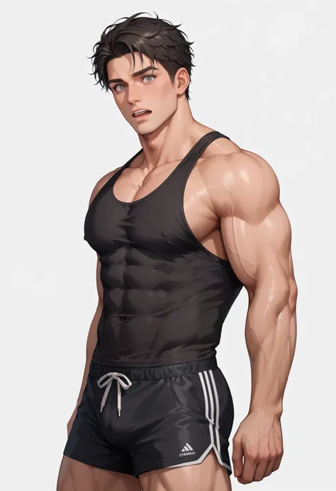 ((White background )) SEXY HENRY CAVIL MAN ,Beautiful SEXY EXTREMELY HANDSOME WHITE MAN ,EUROPEAN, 22 years old and SEXY Beautiful muscle Henry Cavill style face , short hair short hair tousled jet black  , marked jaw, stand out Her BRIGHT GRAY EYES , extr...