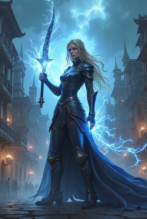 Warrior woman casting a spell in the center of a medieval city,  aura de magic, magic, Dark fantasy genre, magic,  soldier,  high quality ,  8k quality,  a very detailed face,  cinematic
