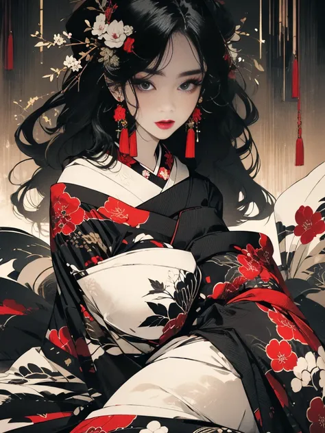 I'm wearing a Japanese princess coat from the Sengoku period　、 black and straight hair  、princess_ cut、blunt bangs、 I'm wearing a super glossy ultra glossy red vinyl cage I'm wearing a gorgeous embroidered coat、
 wearing a lavishly embroidered coat (( mast...