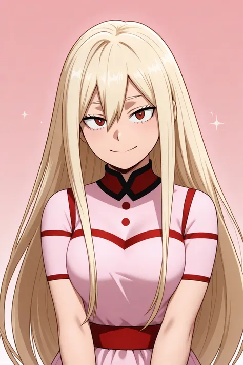  Create an image of a 17-year-old female character inspired by the style of Bakugou Katsuki from My Hero Academia, but with a more delicate look, cute and angelic . She has very long blond hair of a single length, without layers and without sharp ends.  He...