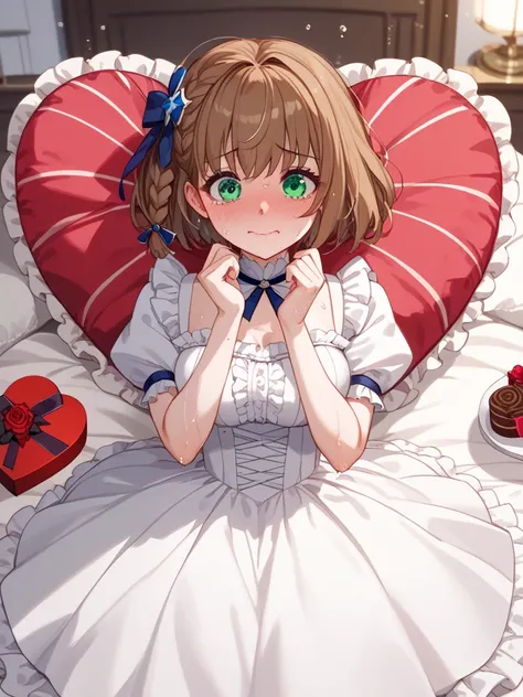 charlotte corday, braid, brown hair, (green eyes:1.5), short hair, side braid,charlotte_corday_fgo,((white dress, miniskirt、With frills、cute))、 popup、big boobs,(((valentine chocolat、Love is heavy、)))、(((with a nervous face 、Drenched in sweat、sweat)))、(((Mi...