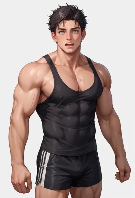 ((White background )) SEXY HENRY CAVIL MAN ,Beautiful SEXY EXTREMELY HANDSOME WHITE MAN ,EUROPEAN, 22 years old and SEXY Beautiful muscle Henry Cavill style face , short hair short hair tousled jet black , marked jaw, stand out Her BRIGHT GRAY EYES , extr...