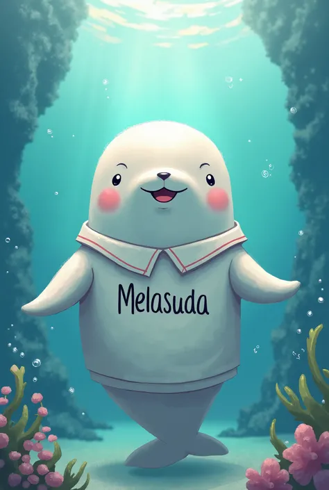 A beluga with a collared t-shirt that has Melasuda written on it