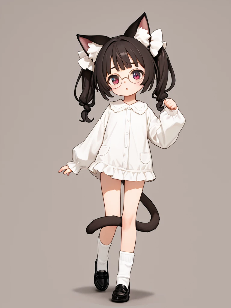 Thin legs,Young,Cat ears,bangs,Twin tails tied at the bottom, round glasses