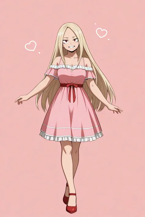  Create an image of a 17-year-old female character inspired by the style of Bakugou Katsuki from My Hero Academia, but with a more delicate look, cute and angelic . She has very long blond hair of a single length, without layers and without sharp ends.  He...