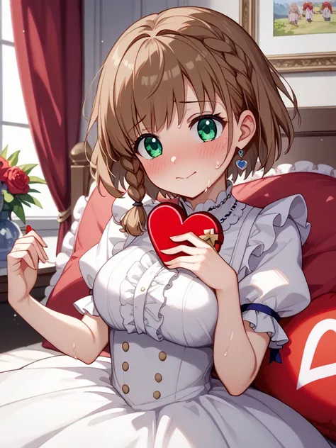 charlotte corday, braid, brown hair, (green eyes:1.5), short hair, side braid,charlotte_corday_fgo,((white dress, miniskirt、With frills、cute))、((( popup、big boobs))),(((valentine chocolat、hand over、 I'm watching the viewers )))、(((with a nervous face 、Dren...