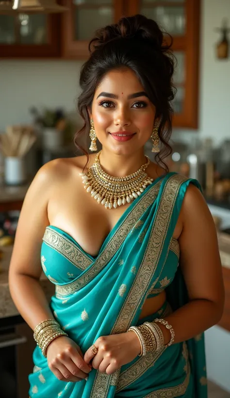 highly voluptuous curvy Bengali busty curvy beauty milf sexy milf,showing clean armpits,very deep cleavage,curvy voluptuous model wearing cyan and white sleeveless strapless cut neck  saree exposing cleavage,curvy big ass figure,big large heavy breasts, de...