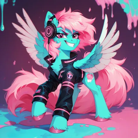  pony , solo, pegasus, black uniform,  Cyberpunk,  acid pink hair ,  headphones, smirk, acid spots on fur ,  fluffy, long tail,  poisonous pink palette