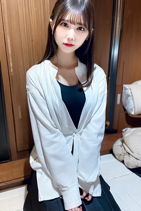   Mature Japanese Woman  ,M-shaped sitting, ,White blouse with open chest  ,  Black Tight Skirt , Tiny Breasts ,   long dark hair,, bedroom, eye brace