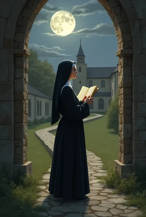 To a nun and writer behind a convent as if presenting herself on a path to light with manuscripts in her hand and the moon in the background 