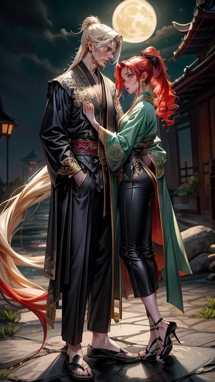 A cartoonish ((redhead woman)) and ((blonde man)) stand side by side under a large full moon in an ancient Chinese-style town. ((The man is 190cm tall with long, pale gold hair and golden eyes, wearing a simple black robe, loose black pants, and pointed bl...