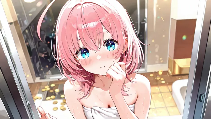 delicate illustration),
source_anime, masterpiece, best quality, (ultra-detailed), cute, kawaii, ideal ratio body proportions, (nice hands, perfect hands), 
break
1 girl, cute girl, (medium hair) and ( pastel pink hair with coins) and (aquamarine eyes)
and...