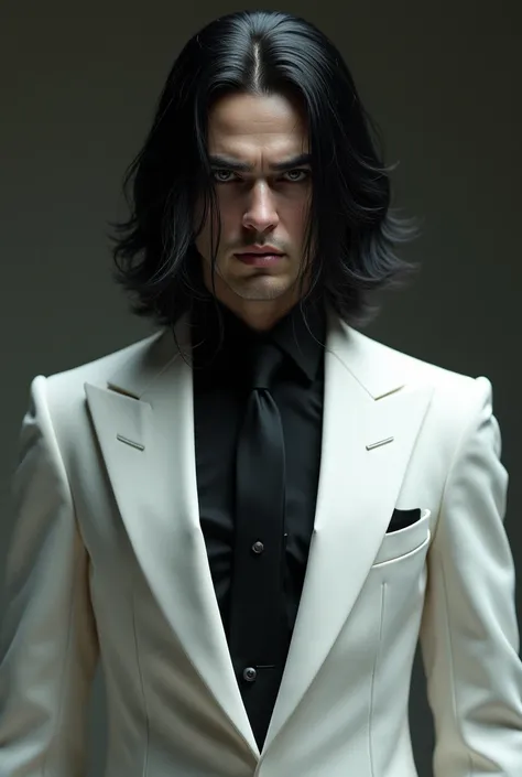 man, white suit, black dress shirt underneath ,  voluminous black hair up to the ear , With a bad face and slightly big eyes