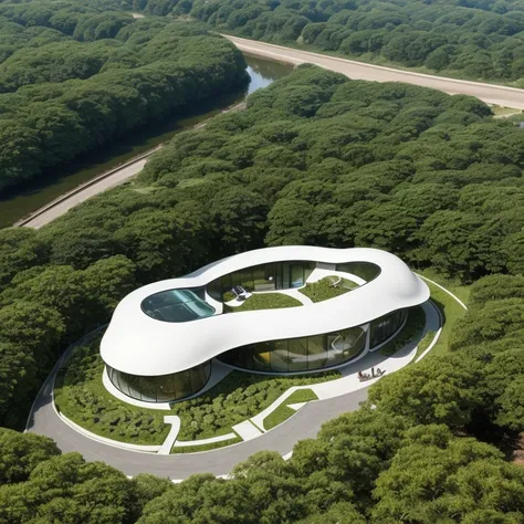 Future Architecture ， Aerial view ， combines the perfect fusion of technology with natural elements ， combines the appearance and greening design of a streamlined design，Mobis Ring，Demonstrating Toyo Ito's design philosophy 。