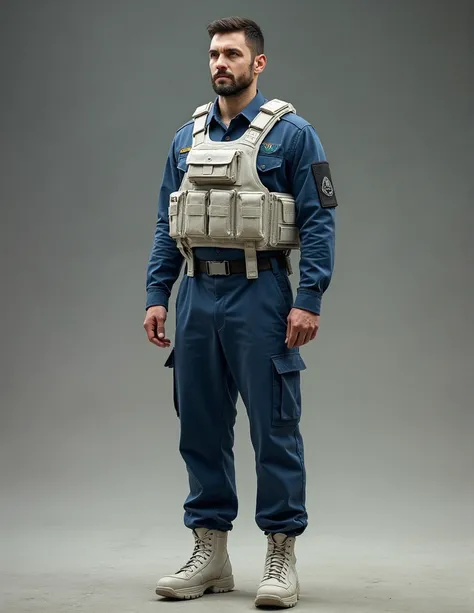 A guy, standing at full height, Dressed in the military uniform of the Airborne Forces, a white tactical vest and white military boots,Blue shirt and pants,2014-2015, Dressed in tactical gear 