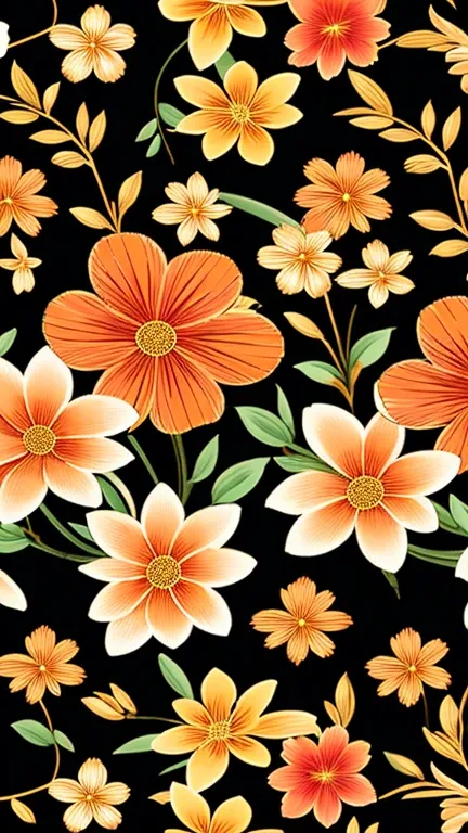 a close up of a flower pattern with many different colors, floral pattern, seamless pattern design, flowery wallpaper, floral wallpaper, floral motives, ornate floral, floral flowers colorful, garden flowers pattern, flower background, pink orange flowers,...